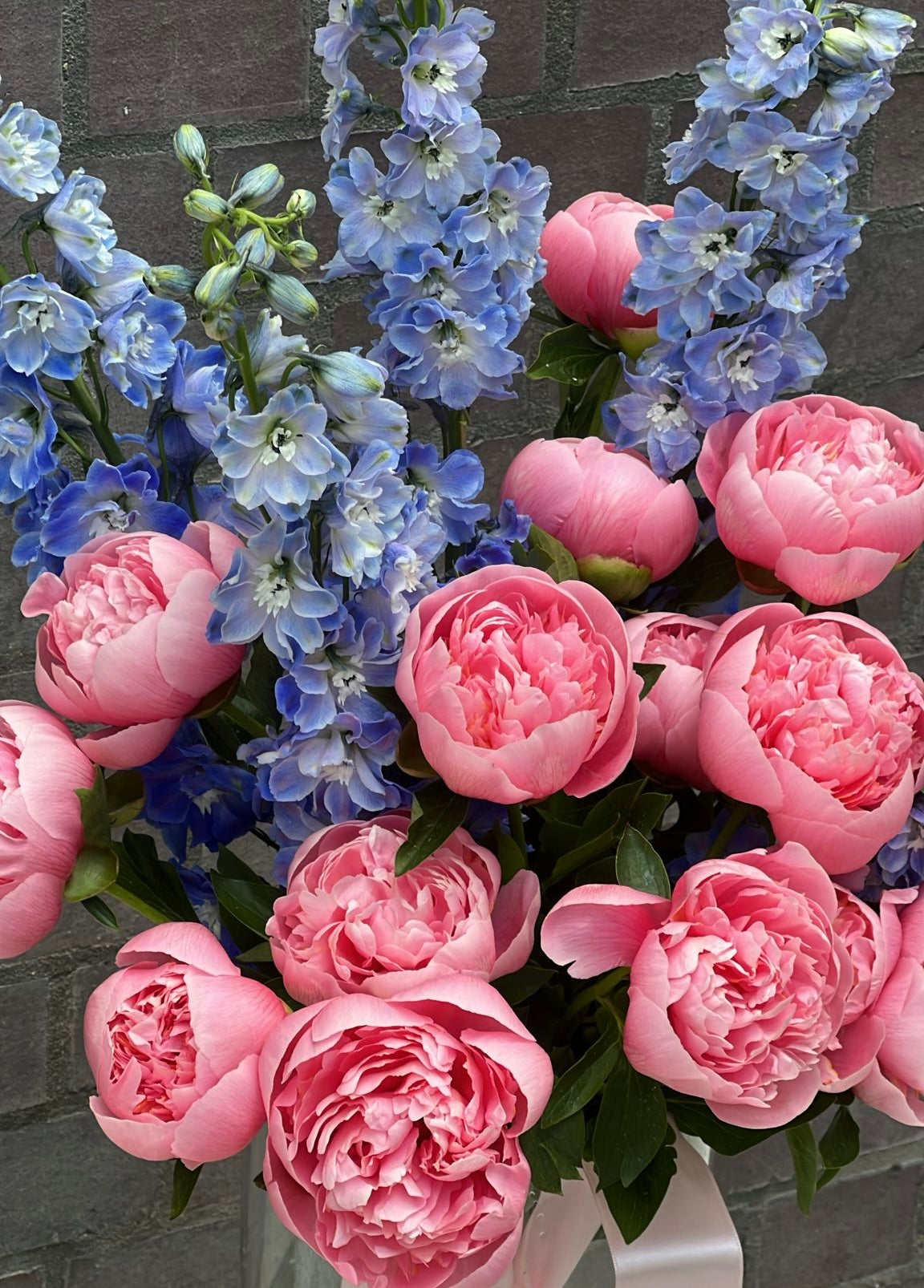 Pink Peonies & Blue Delphinium Bouquet