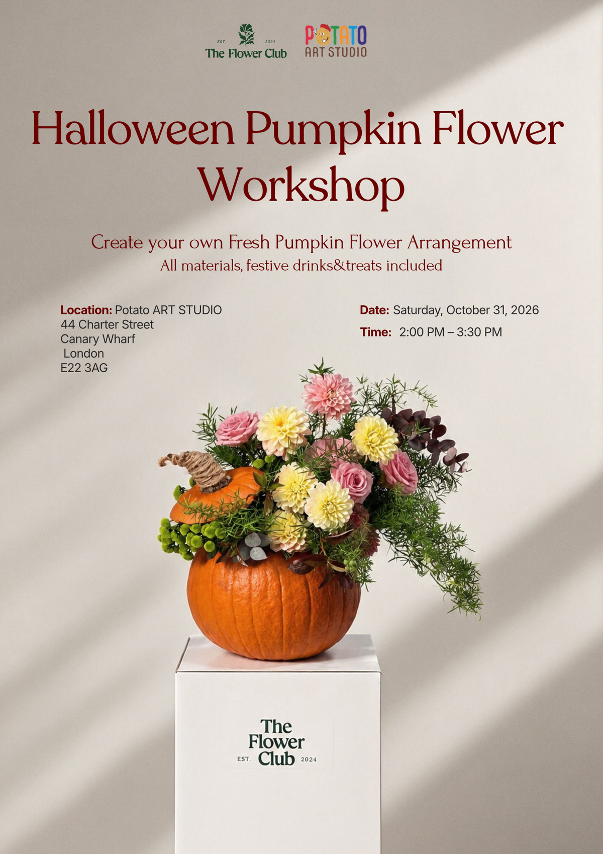 Halloween Pumpkin Flower Arranging Workshop in Canary Wharf